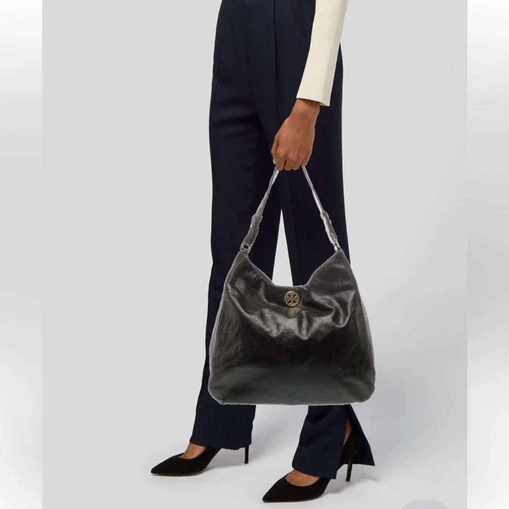 Tory Burch Black Dena Leather Hobo Bag